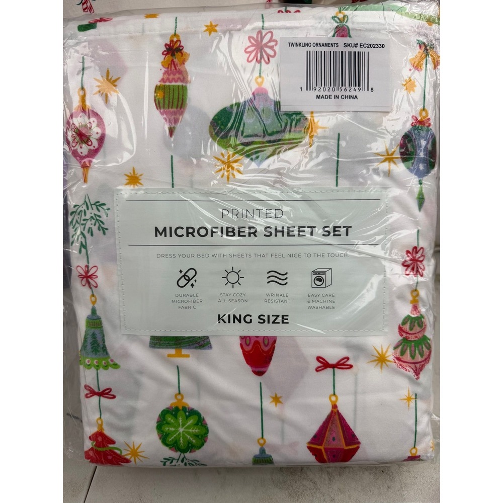 #154 King Christmas Sheet Set Twinkling Ornaments Printed Microfiber 4 Piece New